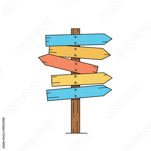 Colorful wooden signpost with multiple directional arrows pointing various ways