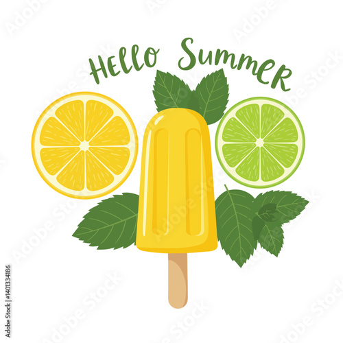 Bright yellow popsicle surrounded by fresh lemons and limes with a summer greeting