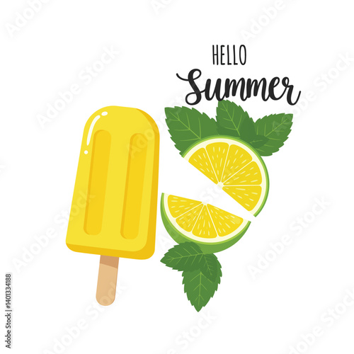 Yellow popsicle with lime slices and mint leaves greeting summer season