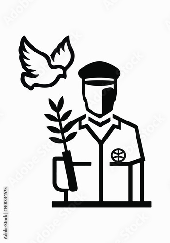 UN Peacekeeper with Blue Helmet, Olive Branch, and Peace Sign in Solid Color Vector Illustration for International Day of Peacekeeping, Representing Global Unity and Peace Efforts