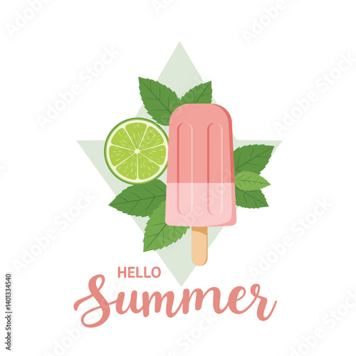 Colorful popsicle with lime and mint leaves on a summer-themed background