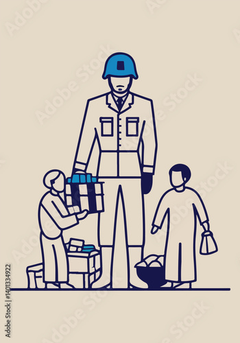 Solid Color Vector Illustration of United Nations Peacekeeper Holding Peace Sign, Olive Branch, and Dove, Commemorating International Day of Peacekeepers and Promoting Global Peace
