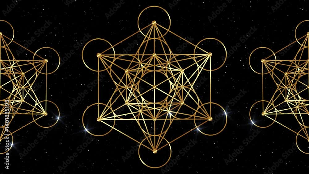 Video animation Metatron's Cube, Flower of Life. Shiny Golden Sacred geometry, light effects background. Mystic gold icon platonic solids, abstract geometric drawing, crop circles, black starry galaxy