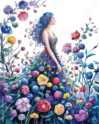Graceful woman in fantasy floral dress surrounded by blooming garden filled with vivid flowers