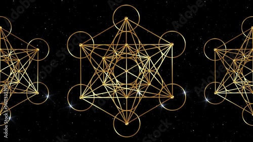 Video animation Metatron's Cube, Flower of Life. Shiny Golden Sacred geometry, light effects background. Mystic gold icon platonic solids, abstract geometric drawing, crop circles, black starry galaxy