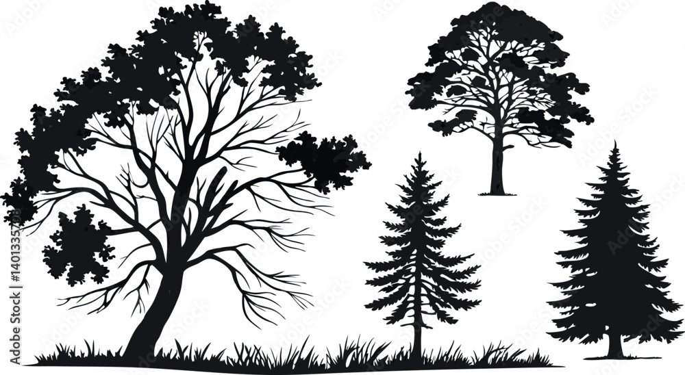 Obraz premium Pine Tree Forest Silhouette – Black and White Evergreen Tree line Vector Illustration