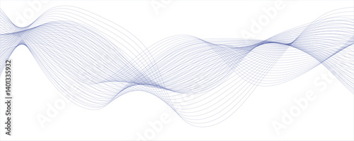 Abstract wave blue lines on transparent background. Design for banner, wallpaper,  Stylized line art background. Vector illustration. Wave with lines created using blend tool. Curved wavy line,  