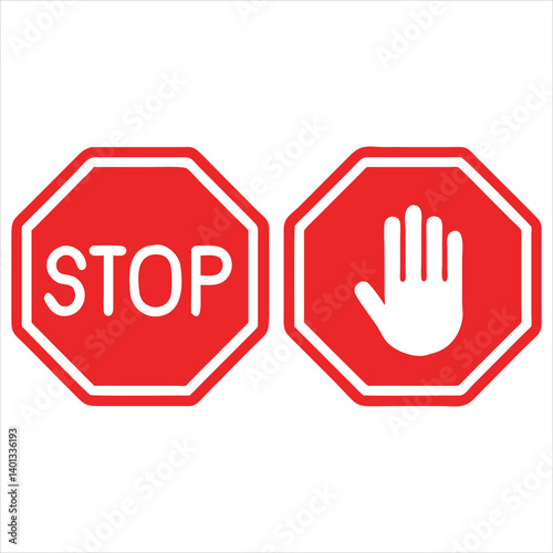 Stop Sign Icons: Red Octagonal Stop Signs with 'STOP' Text and Hand Symbol for Safety and Caution