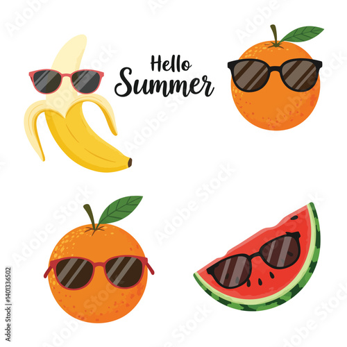Fun summer fruit characters wearing sunglasses with a playful and cheerful vibe