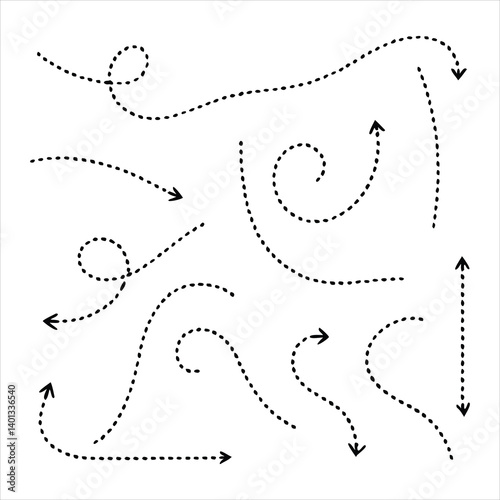 Collection of Hand-Drawn Dashed Arrows with Various Directions and Curvatures for Design Projects