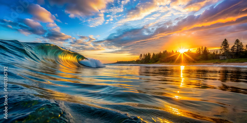 Sunrise over a peaceful surf break with glassy water
