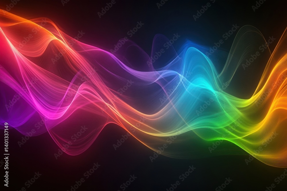 A dynamic abstract background with neon glowing wavy lines in a spectrum of colors, creating a futuristic aesthetic.