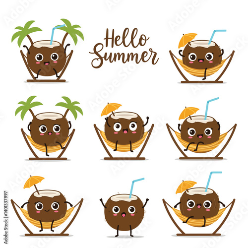 Playful cartoon coconuts enjoying summer with bright colors and tropical elements