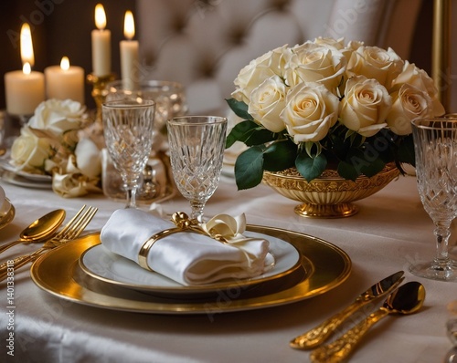 Elegant wedding reception table with fine china, golden candle holders, and luxury flatware