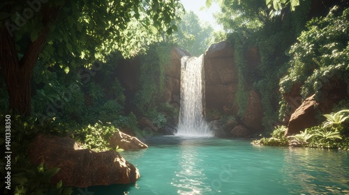 Fototapeta Naklejka Na Ścianę i Meble -  Jungle waterfall turquoise pool