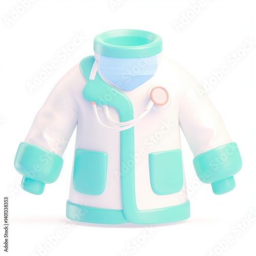 A colorful cartoonish doctor's coat with a stethoscope, mask, and vibrant colors, isolated on a white background.