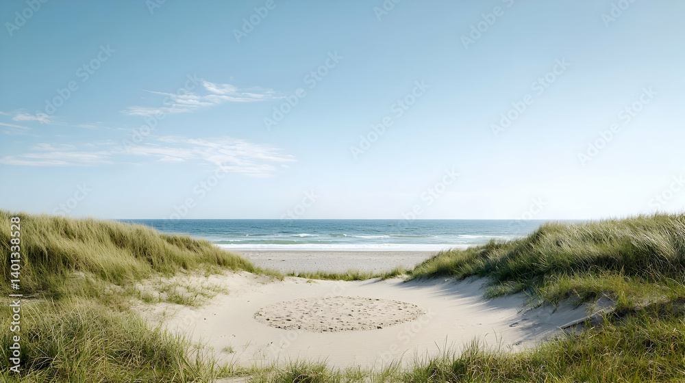 Tranquil Coastal Landscape With Sandy Dunes And Ocean View Tranquil Coastal Landscape With Sandy Dunes And Ocean View