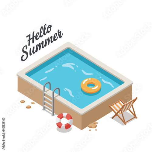 Colorful swimming pool with floatie and summer-themed decorations for relaxation
