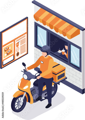 Delivery rider at a food window preparing for a quick service order