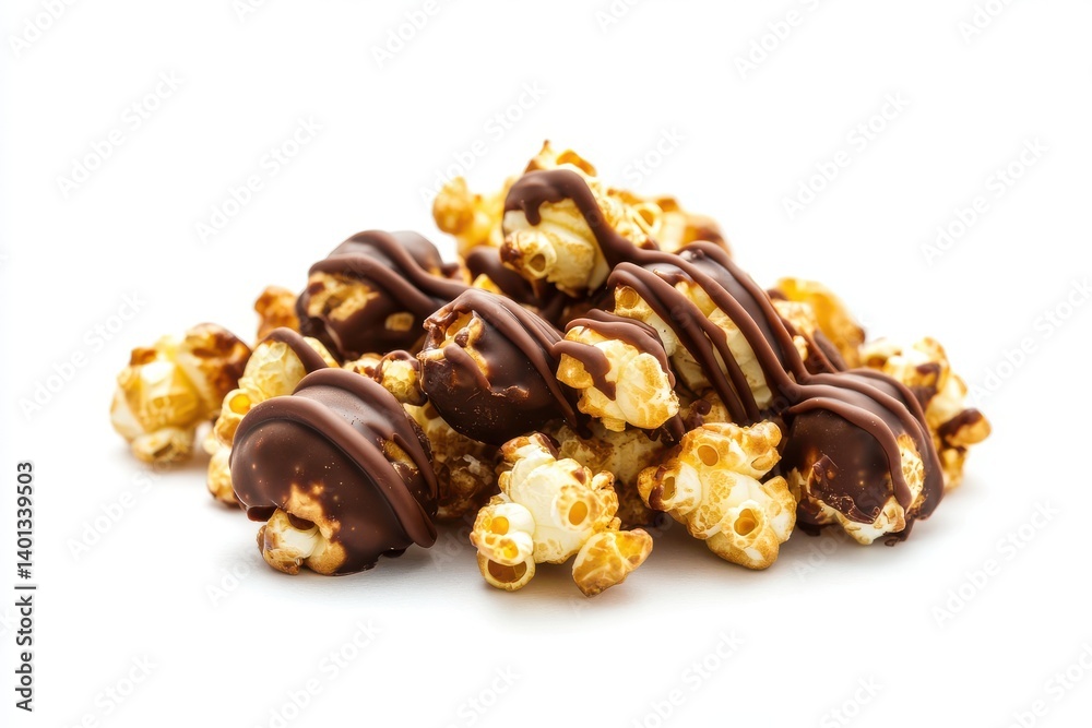 A caramel popcorn cluster with drizzled chocolate, isolated on a white background. A caramel popcorn cluster with drizzled chocolate, isolated on a white background.