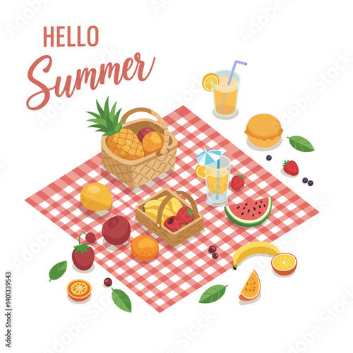 Summer picnic scene with fruits, drinks, and a checkered tablecloth setting