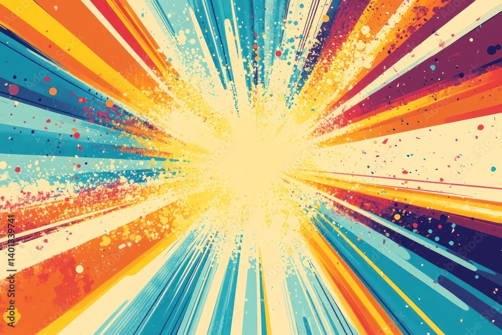 A dynamic comics-style explosion of colorful rays with halftones, evoking a sense of summer energy.