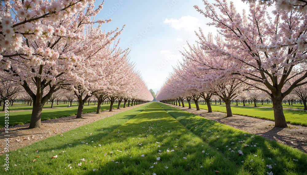 Spring Cherry Blossom Landscape with Green Grass and Clear Sky Spring Cherry Blossom Landscape with Green Grass and Clear Sky