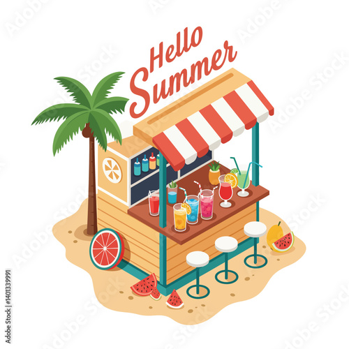 Colorful summer juice bar with tropical drinks and vibrant decorations on the beach