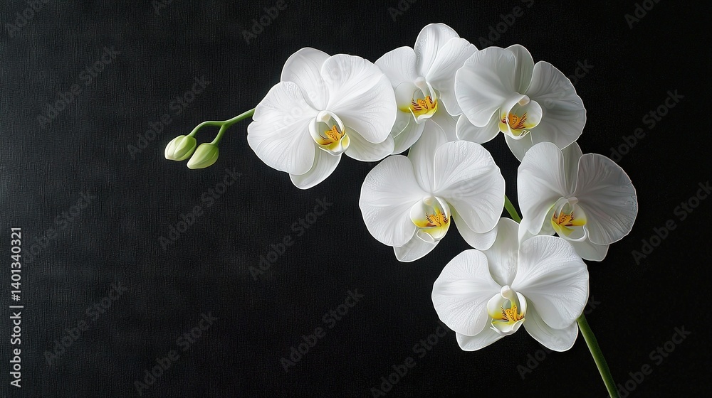 Obraz premium White orchids on black background with green stem and yellow center