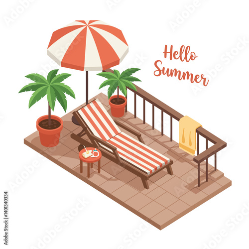Cozy summer patio scene with lounge chair, umbrella, and tropical plants