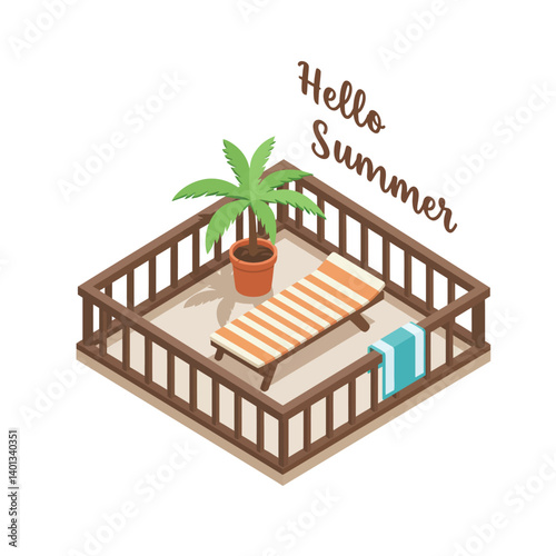 Cozy summer patio with lounge chair and potted plant in bright colors
