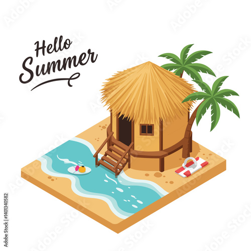 Island hut with palm trees and swimming pool in tropical summer setting