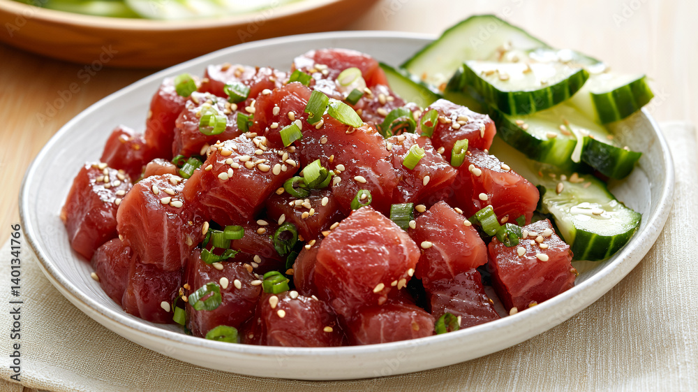 Fresh tuna cubes garnished with green onions and sesame seeds, served with cucumber slices, create vibrant and appetizing dish Fresh tuna cubes garnished with green onions and sesame seeds, served with cucumber slices, create vibrant and appetizing dish