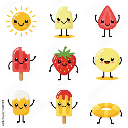 Cute cartoon characters of fruits and ice creams in a cheerful arrangement