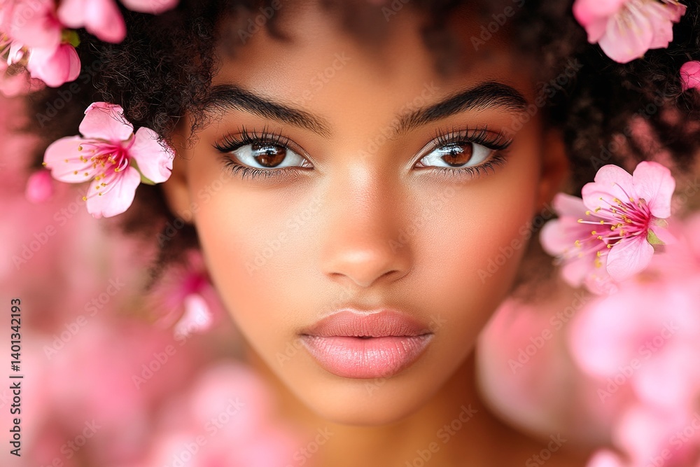 Spring mood, golden hour in sunset. Stunning brazilian young woman surrounded by cherry blossoms. Commercial conceptual art. Woman in a colorful cherry blossom park. Spring mood, golden hour in sunset. Stunning brazilian young woman surrounded by cherry blossoms. Commercial conceptual art. Woman in a colorful cherry blossom park.