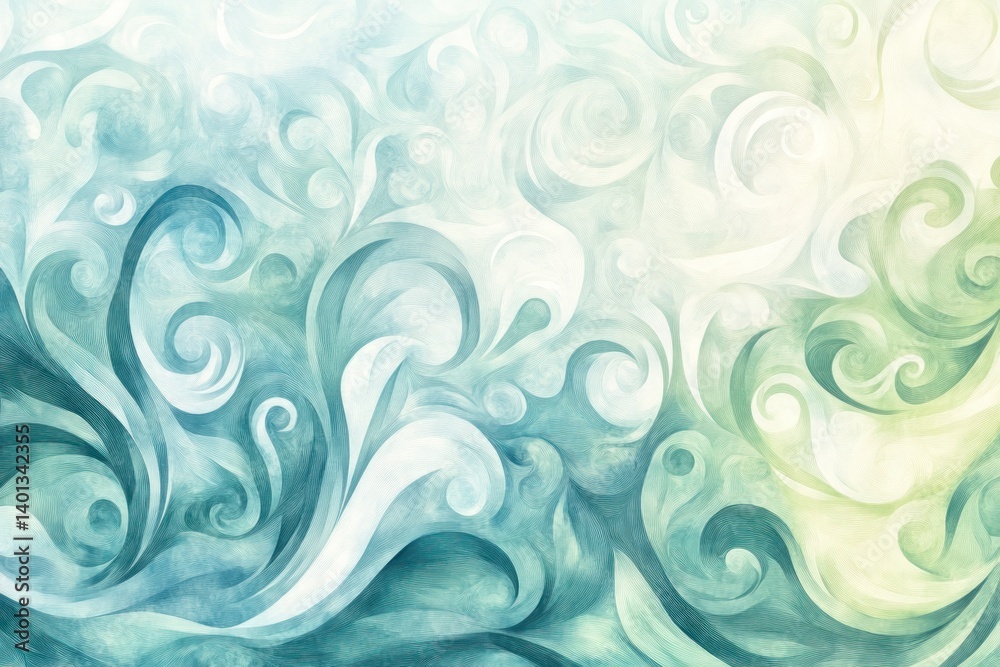 A peaceful design in soft blues and greens, evoking a sense of calm while swirling patterns remind us to nurture nature. A peaceful design in soft blues and greens, evoking a sense of calm while swirling patterns remind us to nurture nature.