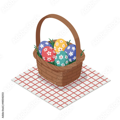 Colorful Easter eggs in a woven basket on a checkered cloth