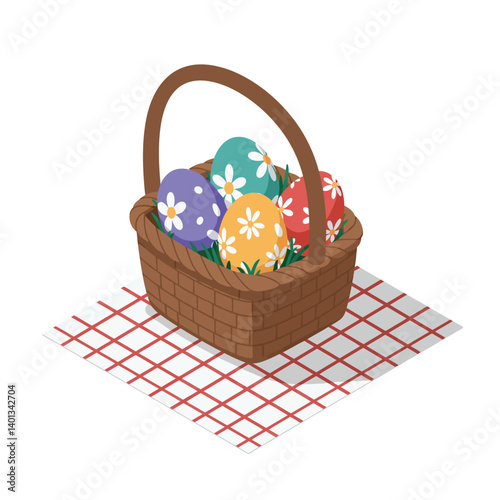 Colorful Easter eggs in a wicker basket on a checkered cloth surface