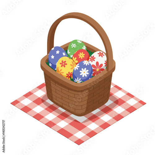 Colorful Easter eggs in a woven basket on a checkered picnic blanket