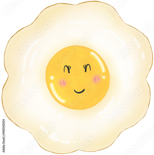 fried egg cartoon, cute smile.