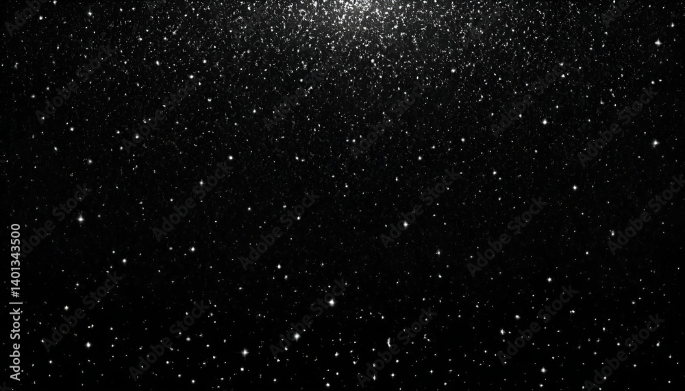 Fototapeta premium Sparkling White Stars on Deep Black Background, Night Sky or Festive Glitter Texture
