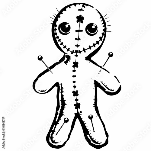 Voodoo doll with pins in black and white style representing mysticism  