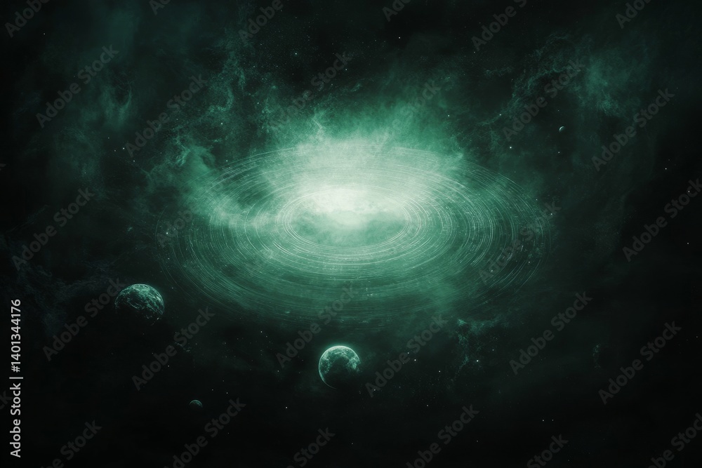 Fototapeta premium Retro futurism poster design with textured grain effect and cosmic scene