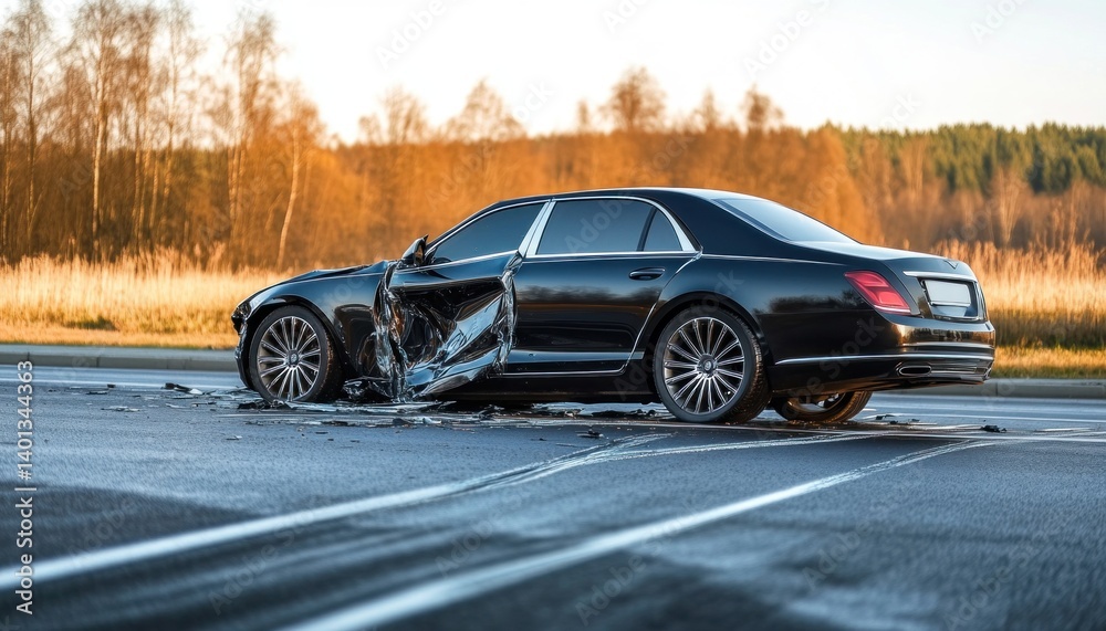 Wrecked black luxury car after road accident stands on highway at sunset Wrecked black luxury car after road accident stands on highway at sunset