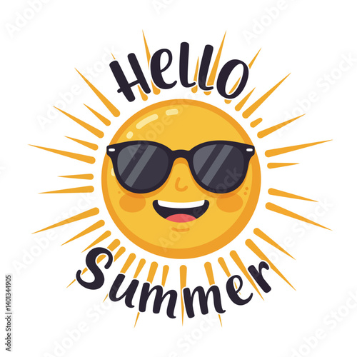 Cheerful sun wearing sunglasses with rays and summer greeting text design
