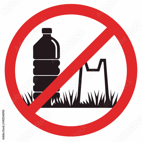 No littering sign featuring a plastic bottle and trash bag on grass