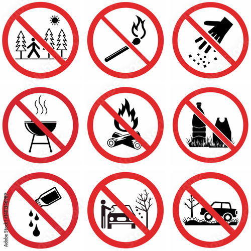 Prohibitory signs for visiting the forest with warnings related to fire and pollution