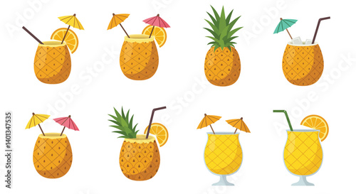 Collection of colorful tropical drinks served in pineapple cups with umbrellas and fruit garnishes