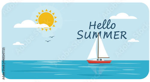 Bright summer scene with sailboat, sun, clouds, and ocean waves in a cheerful design