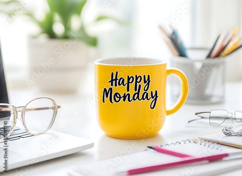 A yellow mug with the words 